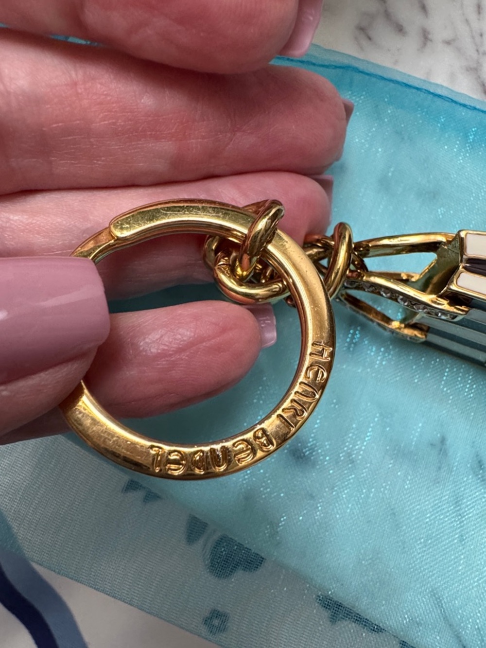 henri bendel Striped Mini Bag Keychain / Bag Charm Brown & White with Gold NWOT - Picture 8 of 8